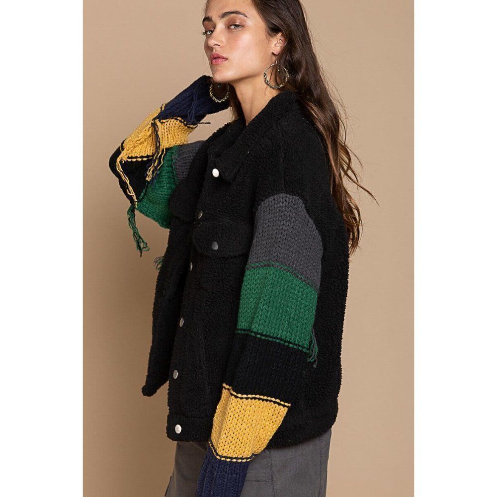 SALE! POL CLOTHING  Fleece Trucker Jacket Crochet Knit Sleeves Black S-L SMJ298 - Picture 4 of 5